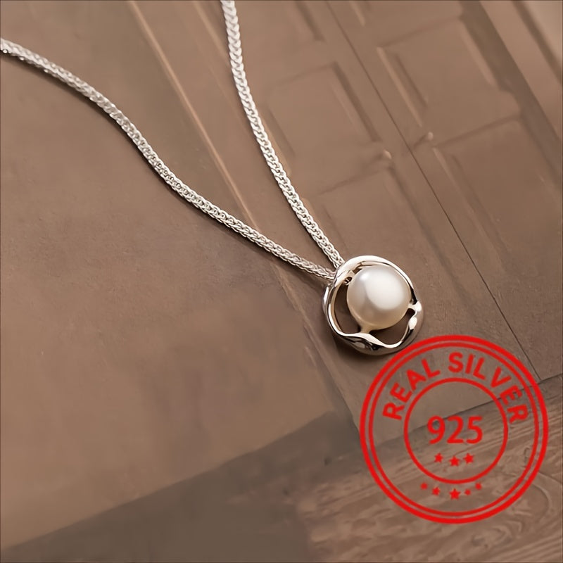 Women’s Sterling Silver Collarbone Necklace Geometric Pearl Minimalist Hypoallergenic