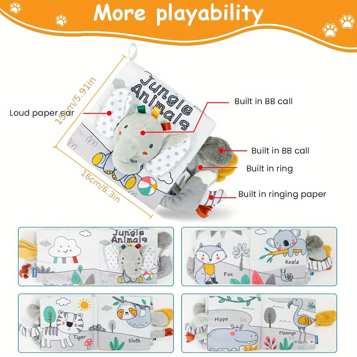 Children's Cloth Book for Early Learning Chew-Resistant Sound-Making Gray White