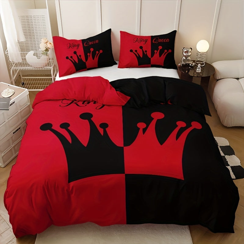 Black and Red Crown Pattern Bedding Set 3 Pieces Duvet Cover and Pillowcases