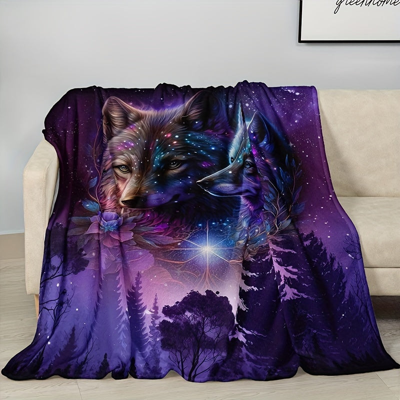 Starry Sky Wolf Print Flannel Blanket Soft Warm Throw for Couch Bed Camping Travel