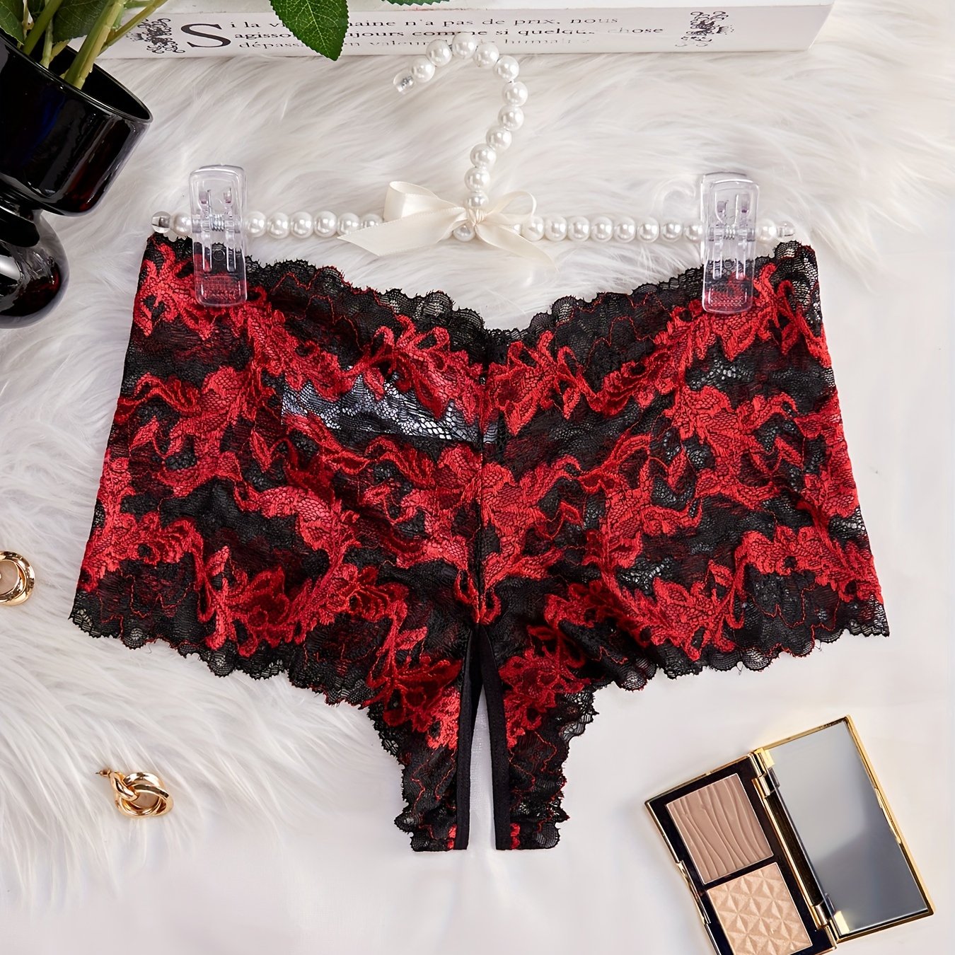 Panties de triángulo semi transparent con encaje para mujer talla grande rojo negro floral