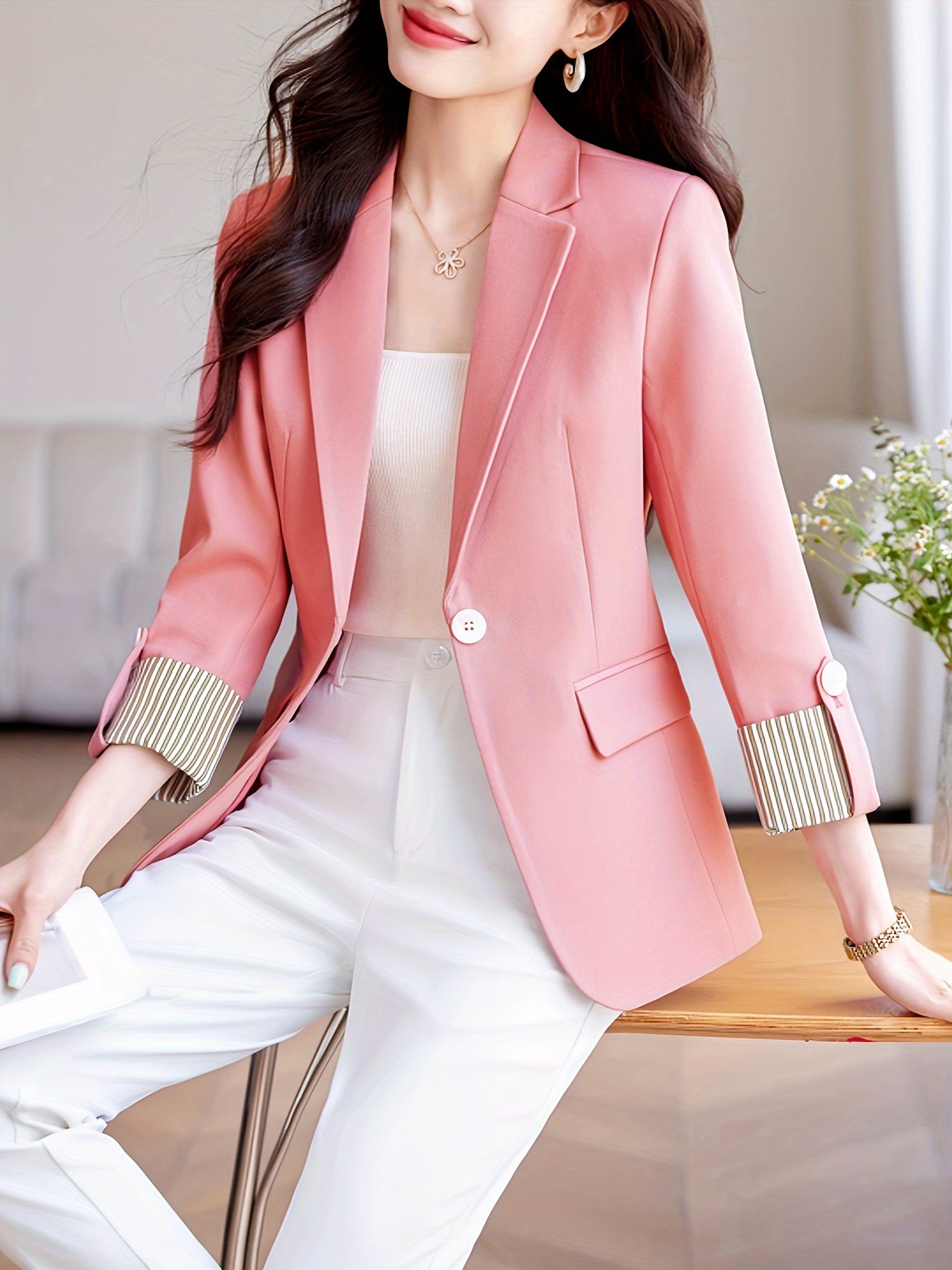Women's Solid Color Long Sleeve Roll-Up Blazer with Pockets for Fall Winter