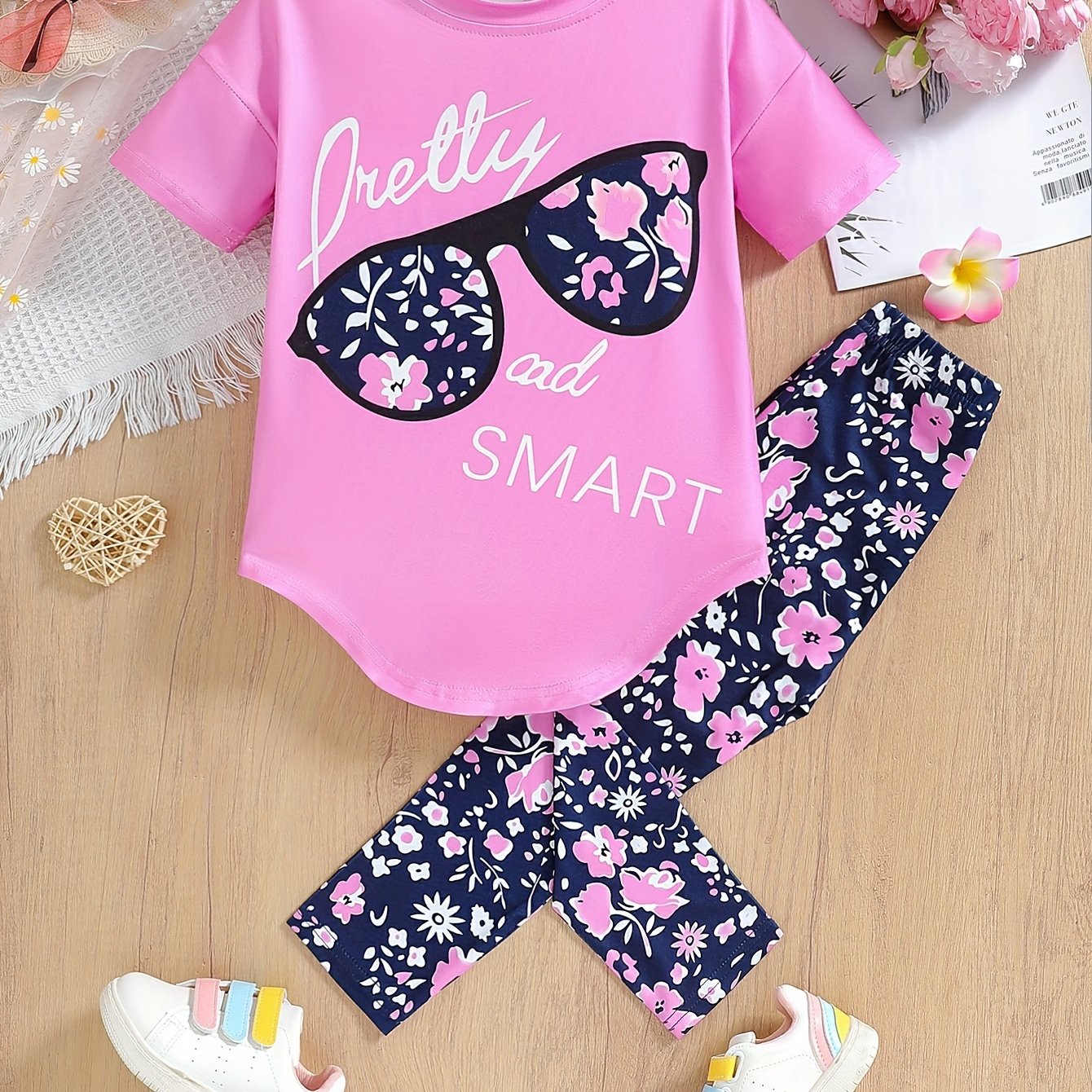 Girls Party T-Shirt Set with Floral Print Drop Shoulder Short Sleeve Cropped Jegging Pants for Girls 12 and Under
