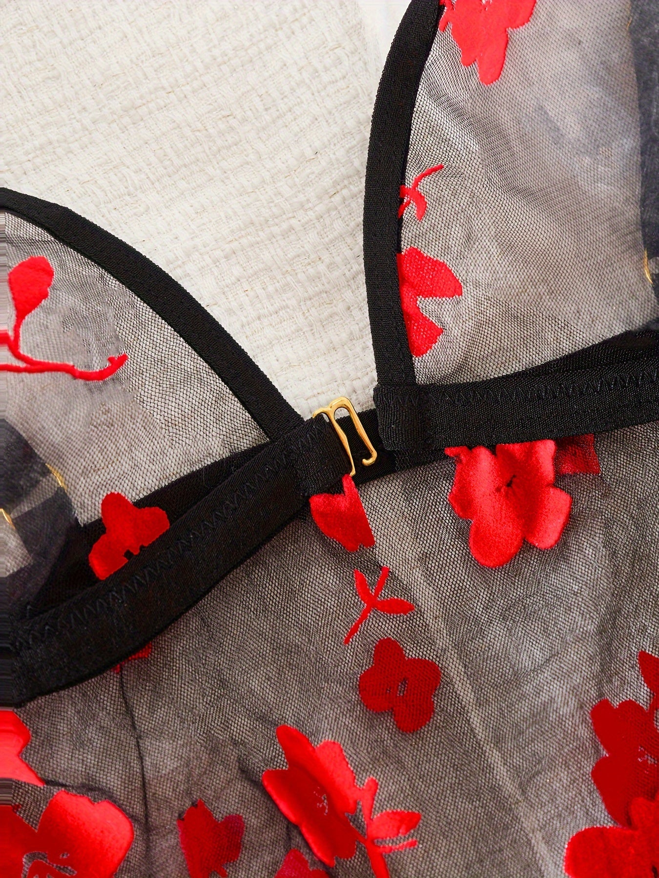 Women's Flower Mesh Pajama Set with Front Buckle