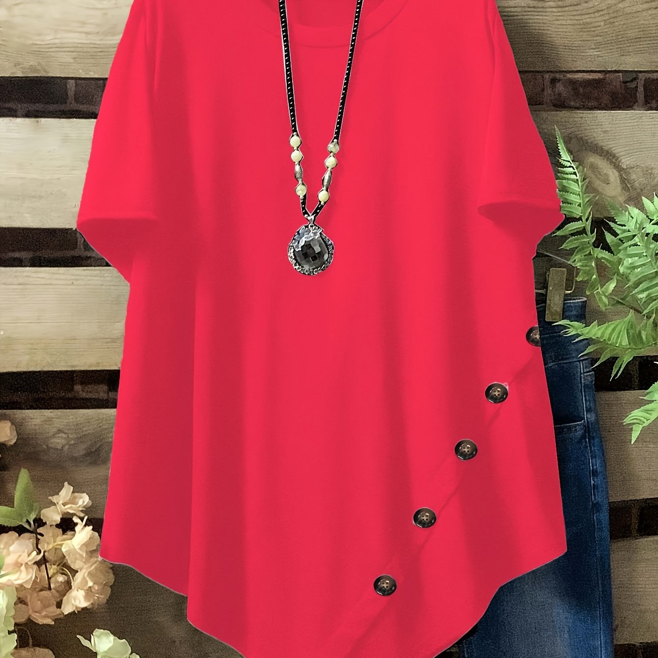 Camiseta de manga corta con dobladillo asimétrico para mujer talla plus - Top naranja vibrante