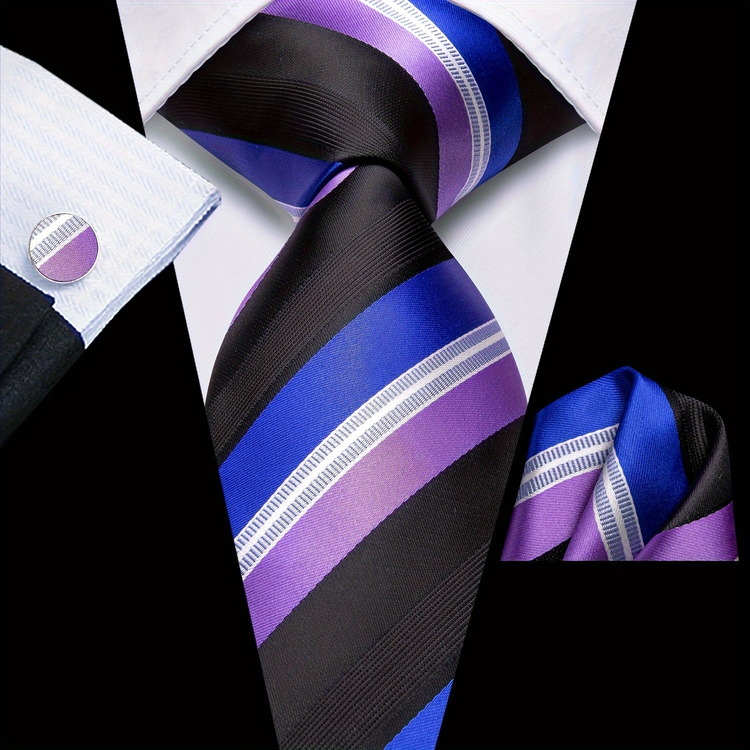 Men's Classic Striped Necktie Set with Cufflinks for Business and Party