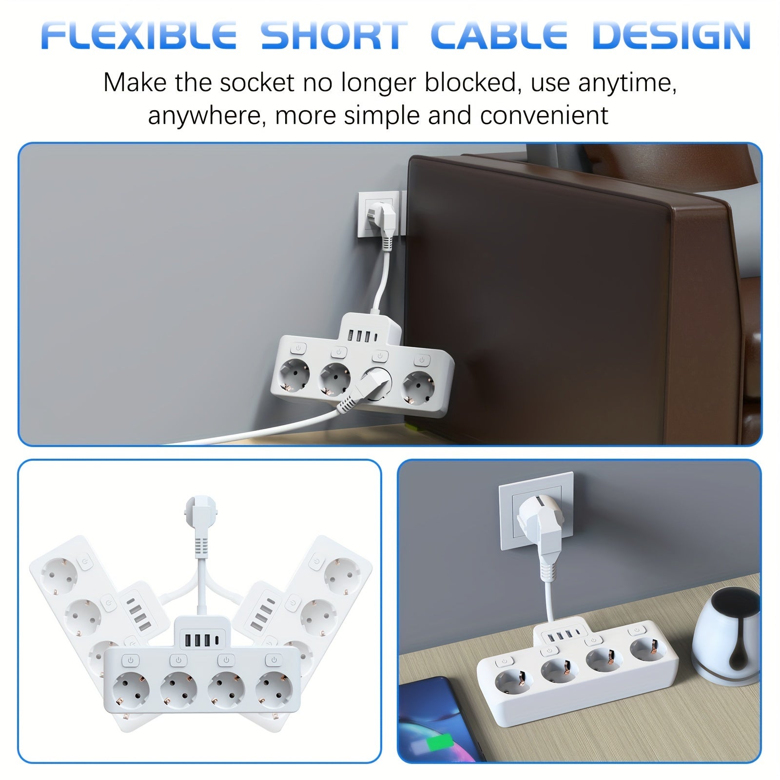 Power Strip with 4 AC Outlets and 4 USB Ports, Individual Switches, Short Cord