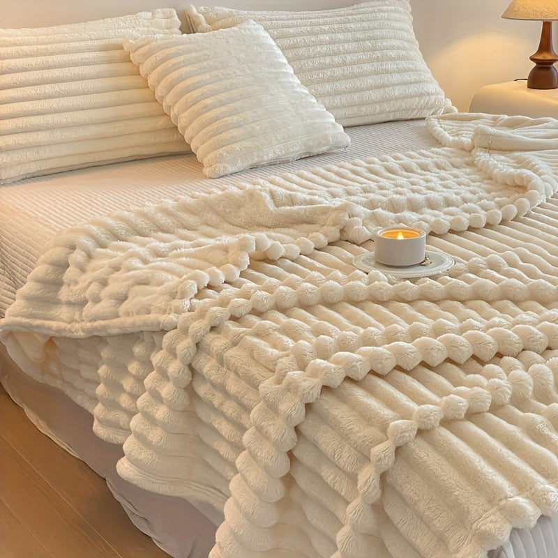 Ultra-Soft Faux Rabbit Fur Throw Blanket with Stripes, Machine Washable, Non-Shedding