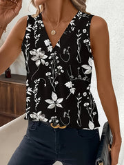 Women's Floral Sleeveless V-Neck Blouse Polyester Ruffled Lightweigh