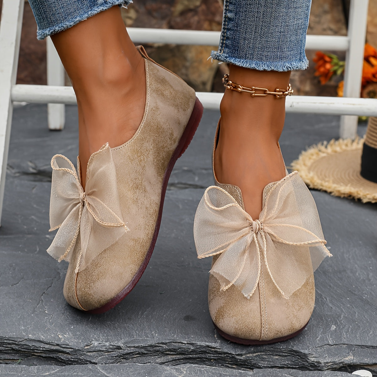 Women's Navy Blue Slip-On Flats with Black Bowknot Leather Upper
