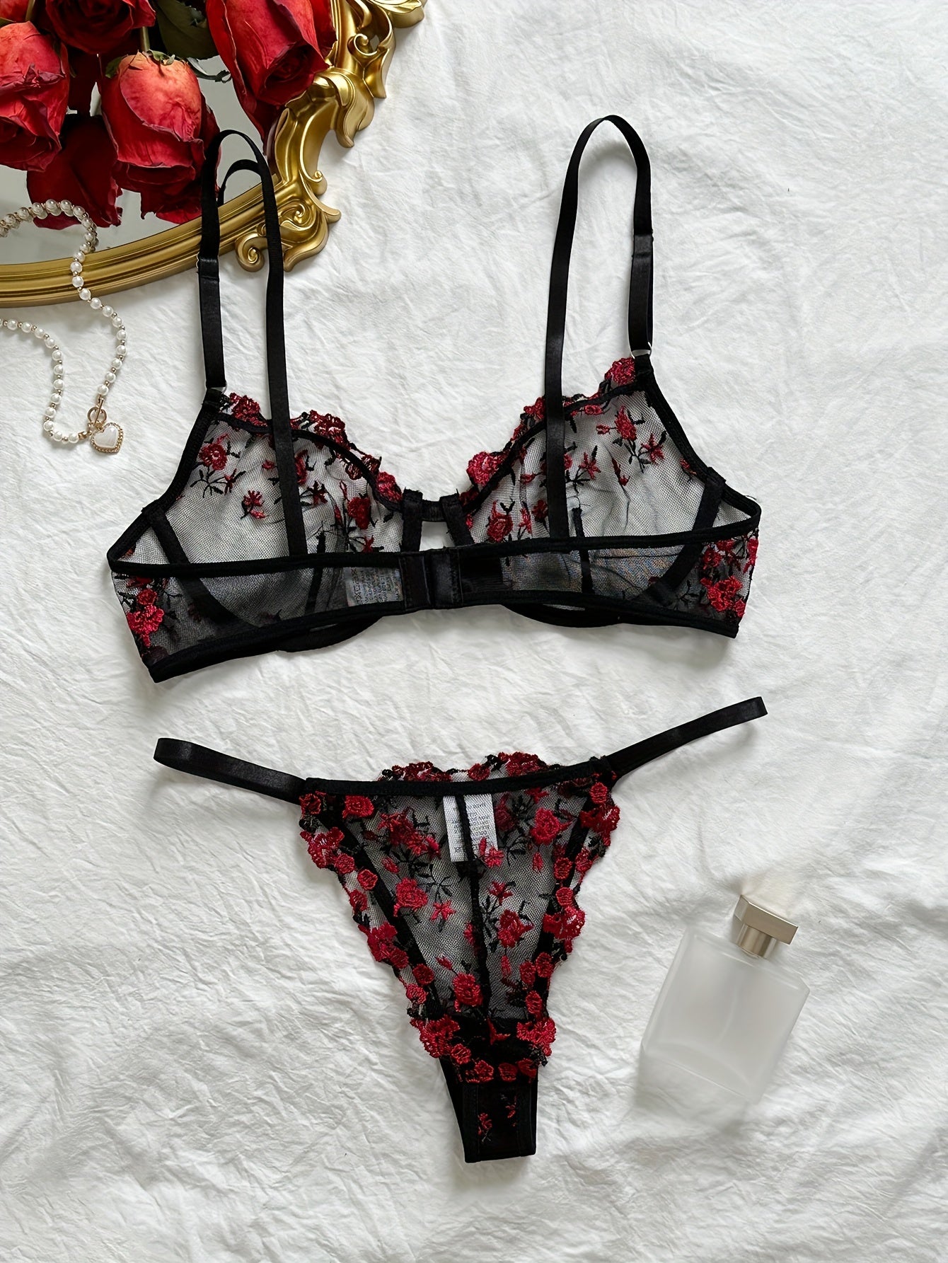 Women's Floral Embroidery Lingerie Set with Unlined Bra and Mesh Thong