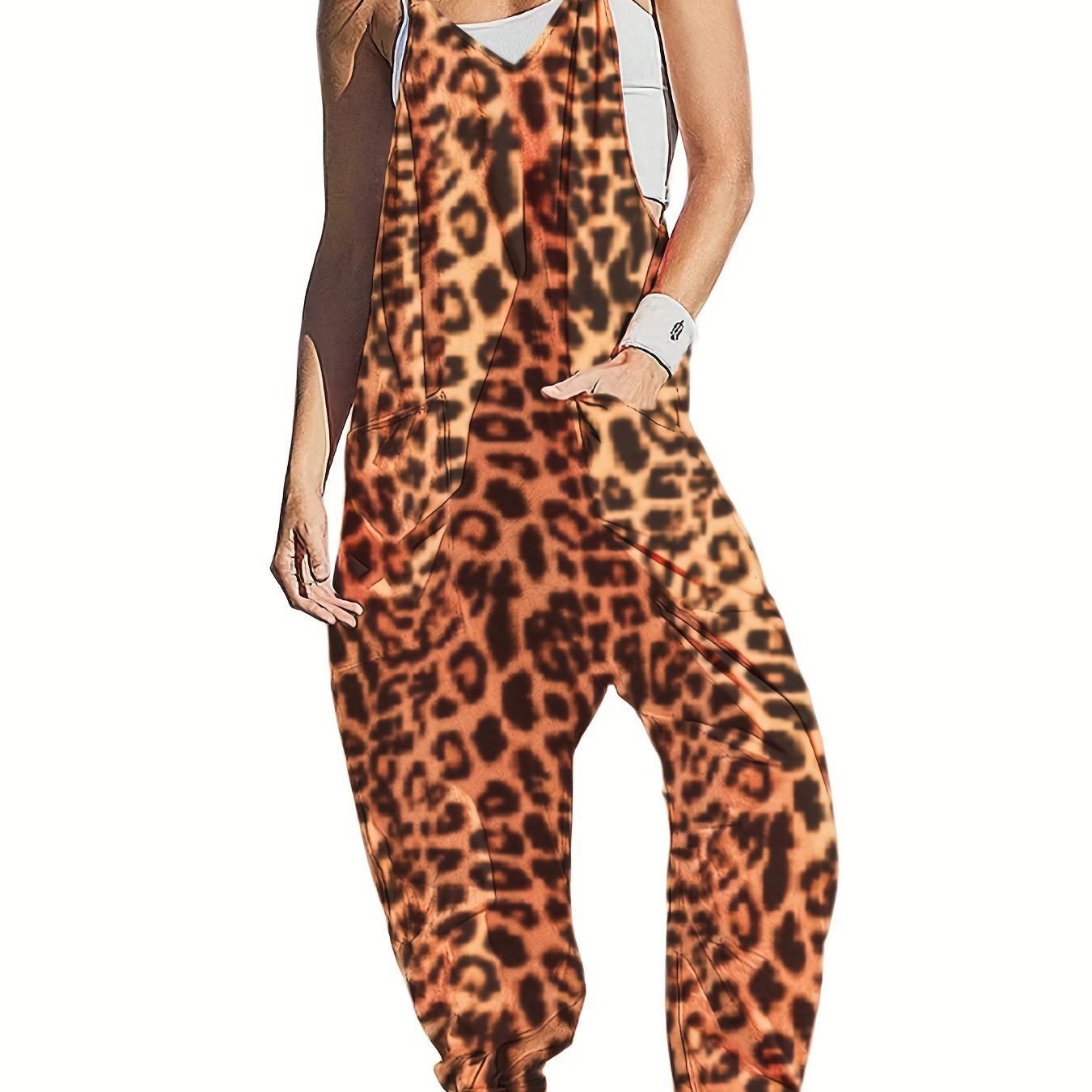 Женский летний повседневный комбинезон без рукавов большого размера с леопардовым принтом