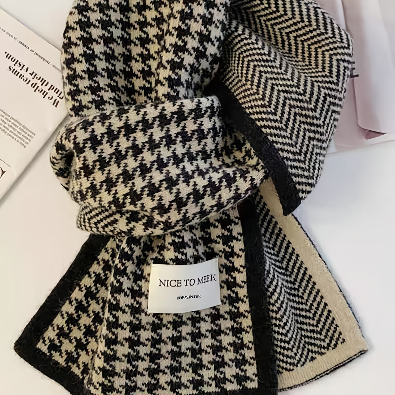 Women's Houndstooth Knit Scarf Warm Windproof Casual Accessory