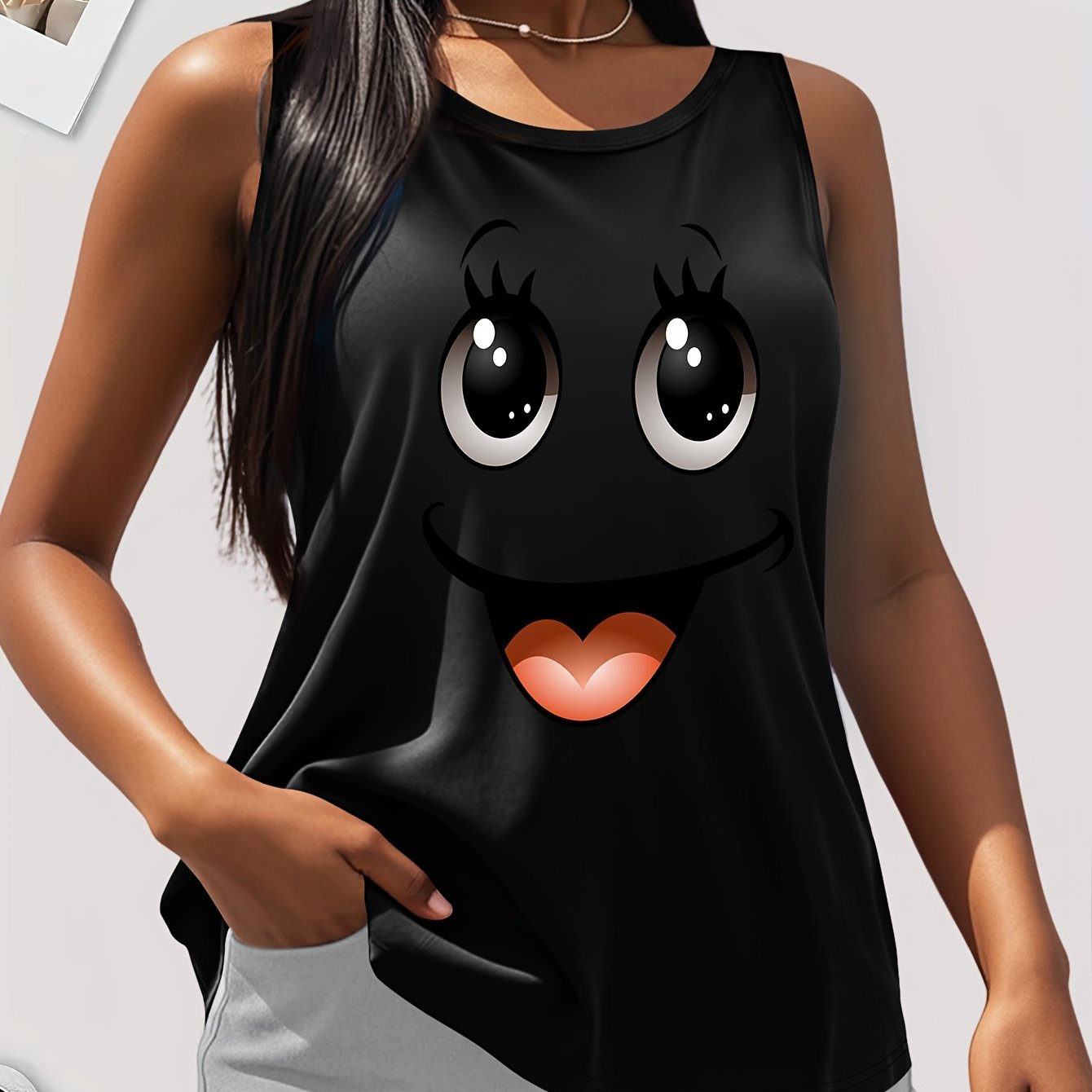 Plus Size Women's Cotton Tank Top With Smile Face Print Sleeveless Casual Summer Fashion
