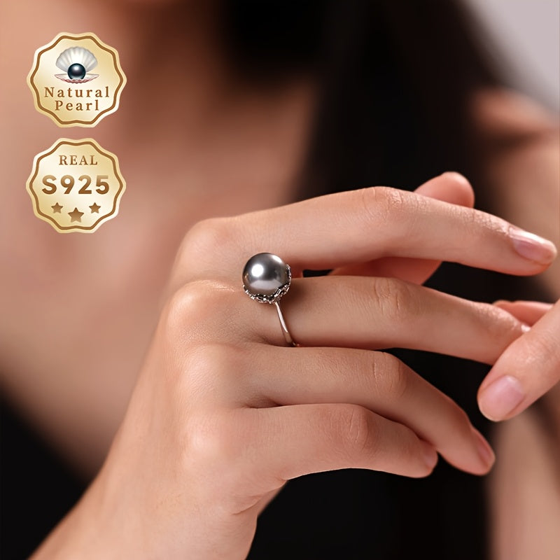 Black Natural Pearl Ring 11-12mm Freshwater Silver Adjustable Jewelry
