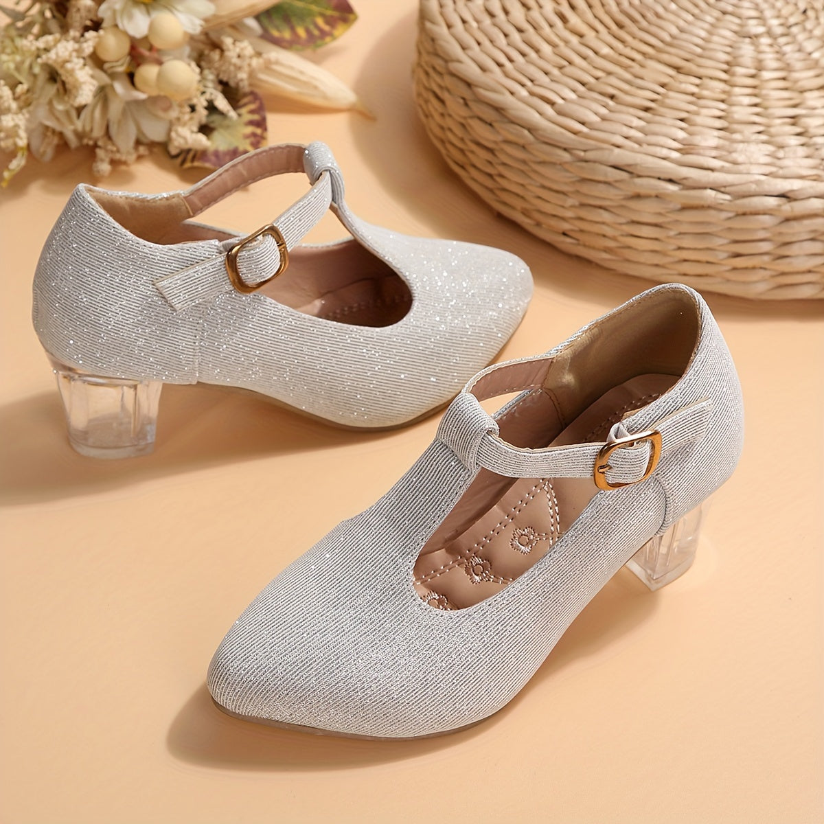 Girls High Heeled Shoes Spring Autumn Embroidered Flower Glitter PVC Pointed Toe