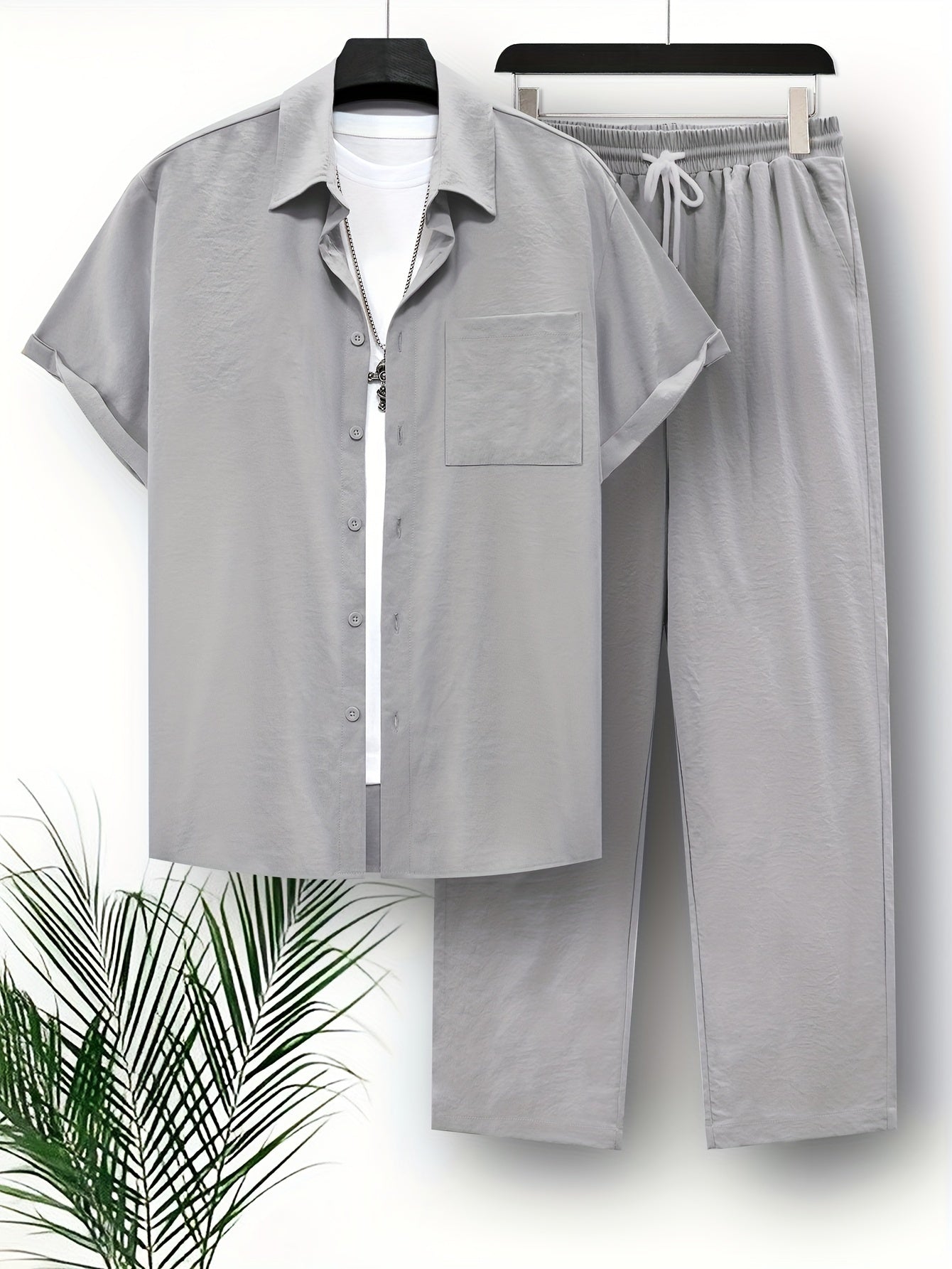 Men's Summer Casual 2-Piece Outfit Short Sleeve Lapel Shirt with Chest Pocket and Drawstring Pants