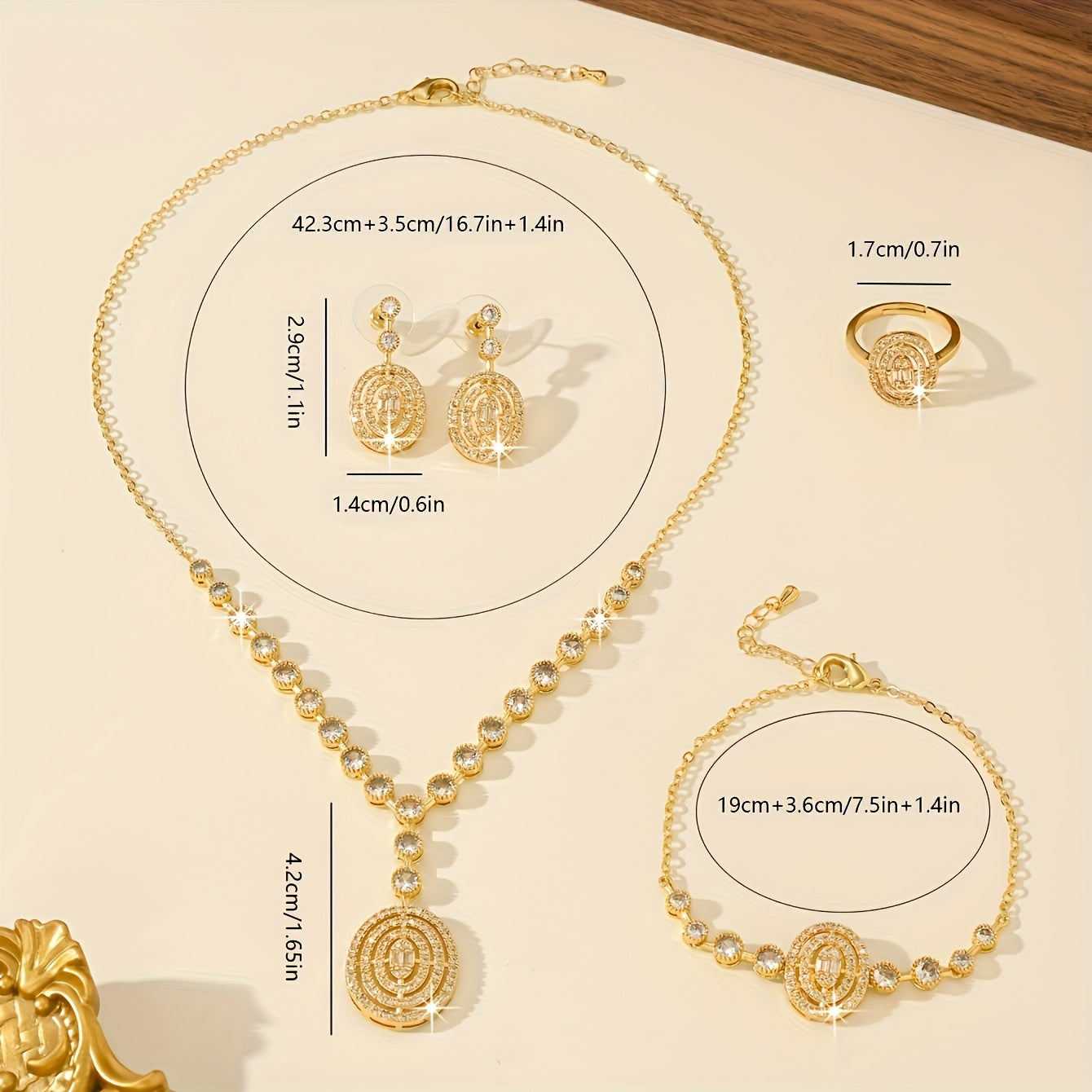 Luxurious women's bridal jewelry set featuring five pieces, adorned with genuine oxidized zirconia. Perfect for everyday wedding attire or as a special gift for loved ones.