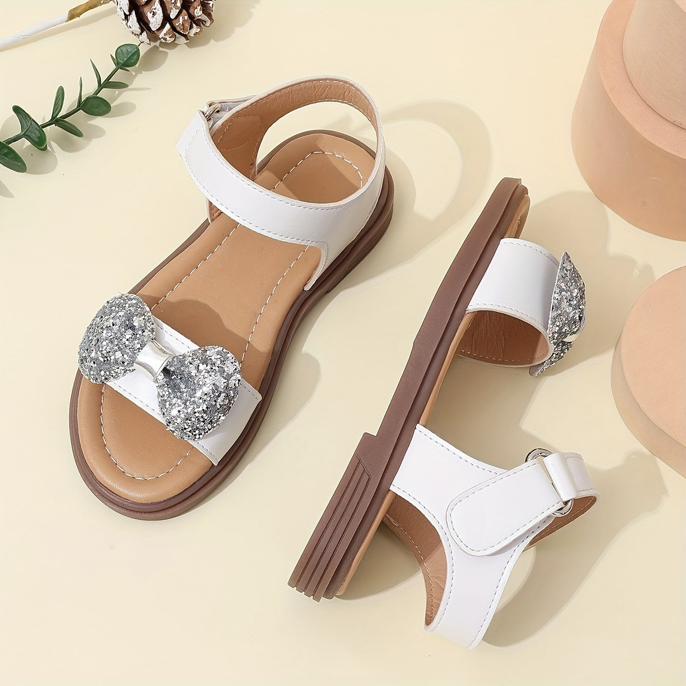 Girls White Roman Sandals with Bowknot Rhinestones for Summer Casual Beach