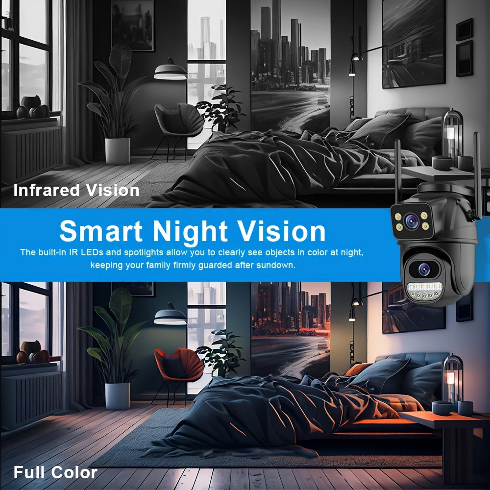 HD WiFi Security Camera with Dual Lens 4MP Night Vision Two-Way Audio PTZ Motion Tracking