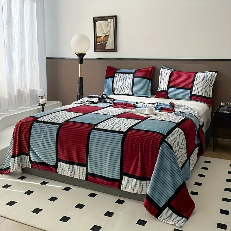 Plaid Flannel Fleece Bed Blanket Polyester Throw for All Seasons Cozy and Easy-Care