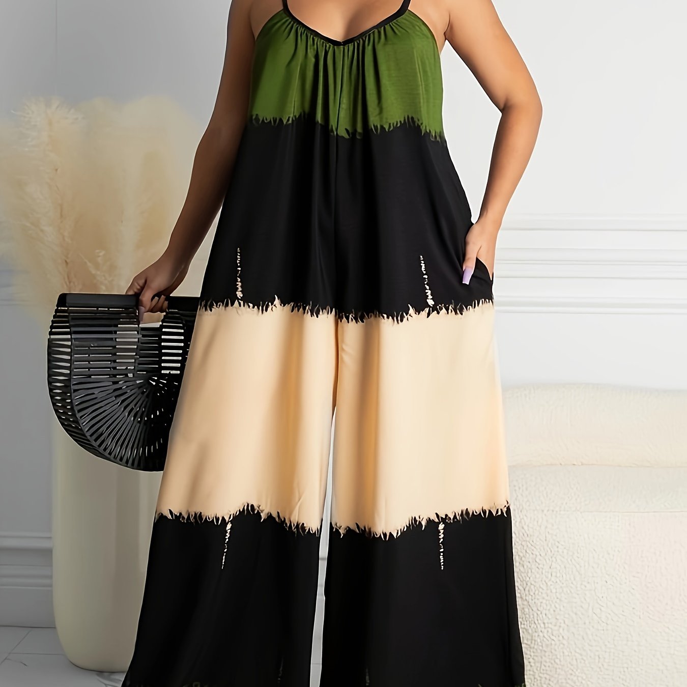 Mono sin mangas de pierna ancha con bloque de colores para tallas grandes, casual, con cuello en V