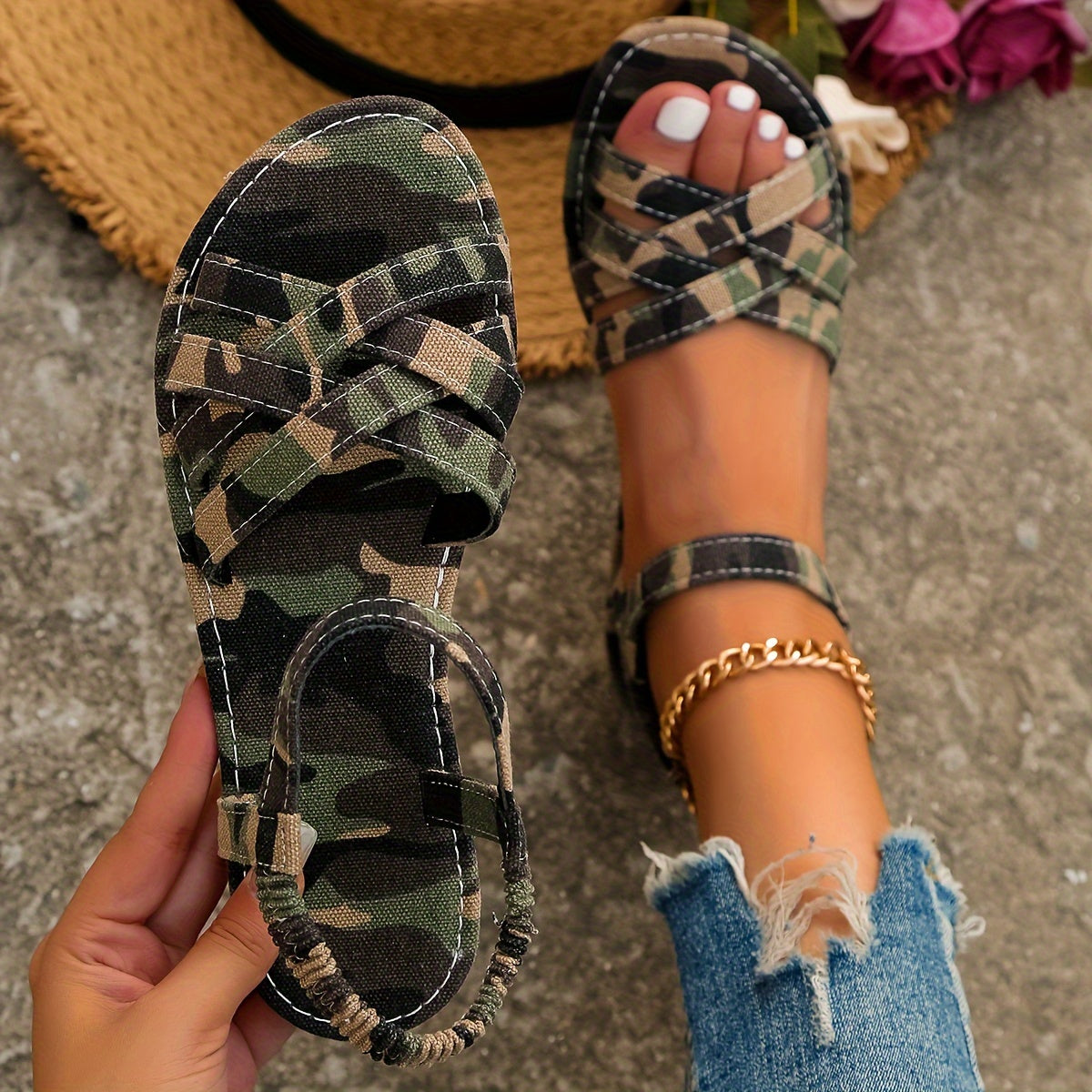 Women’s Summer Slip-On Flat Sandals with Adjustable Strap and Rubber Sole