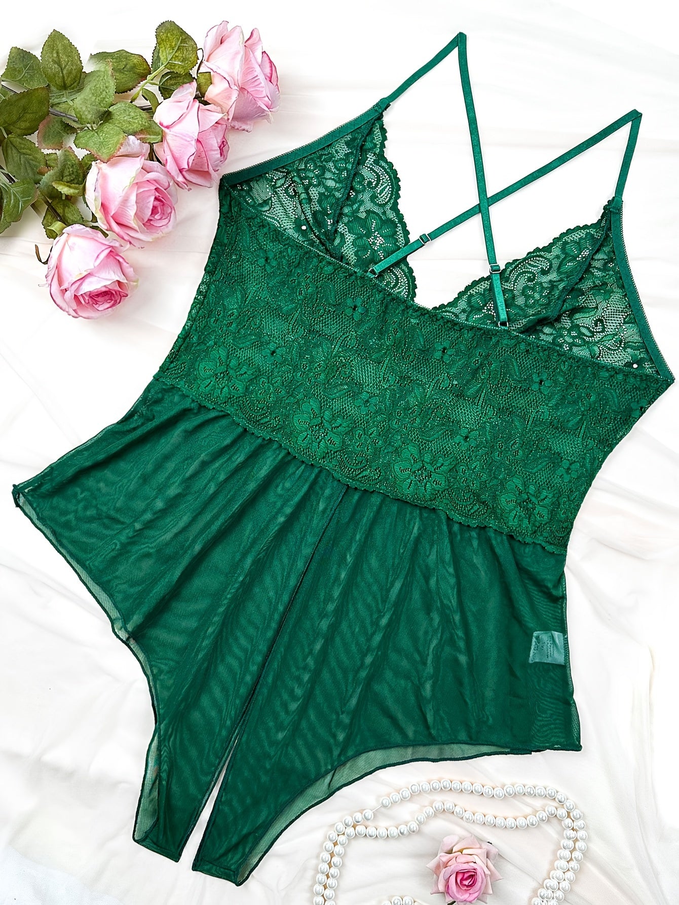 Купальник для женщин больших размеров из кружева и сетки, однотонный, изумрудно-зеленый, полупрозрачный, с регулируемыми бретелями