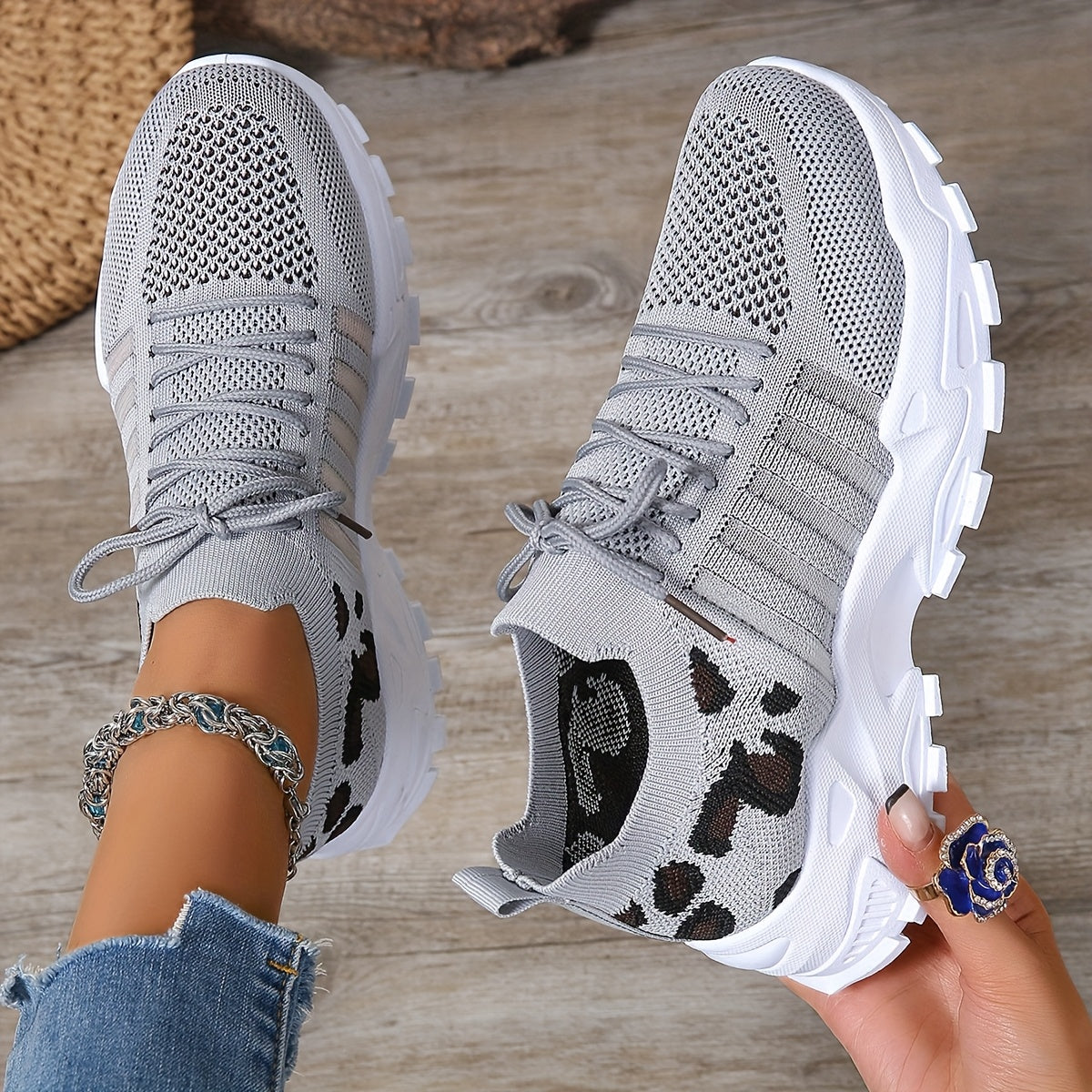Zapatillas atléticas transpirables con estampado de leopardo para mujer, ideales para correr y hacer ejercicio