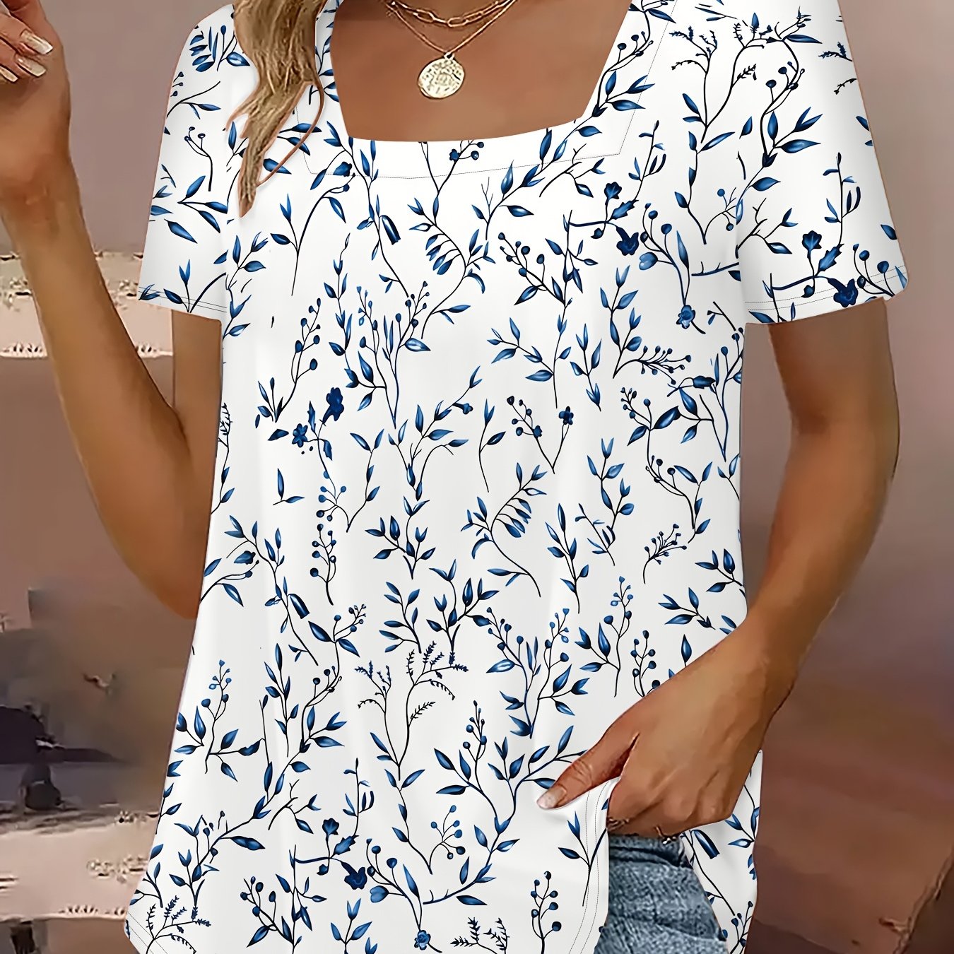 Plus Size Women's 3D Printed Floral Cotton T-Shirt Short Sleeve Blue White All-Season