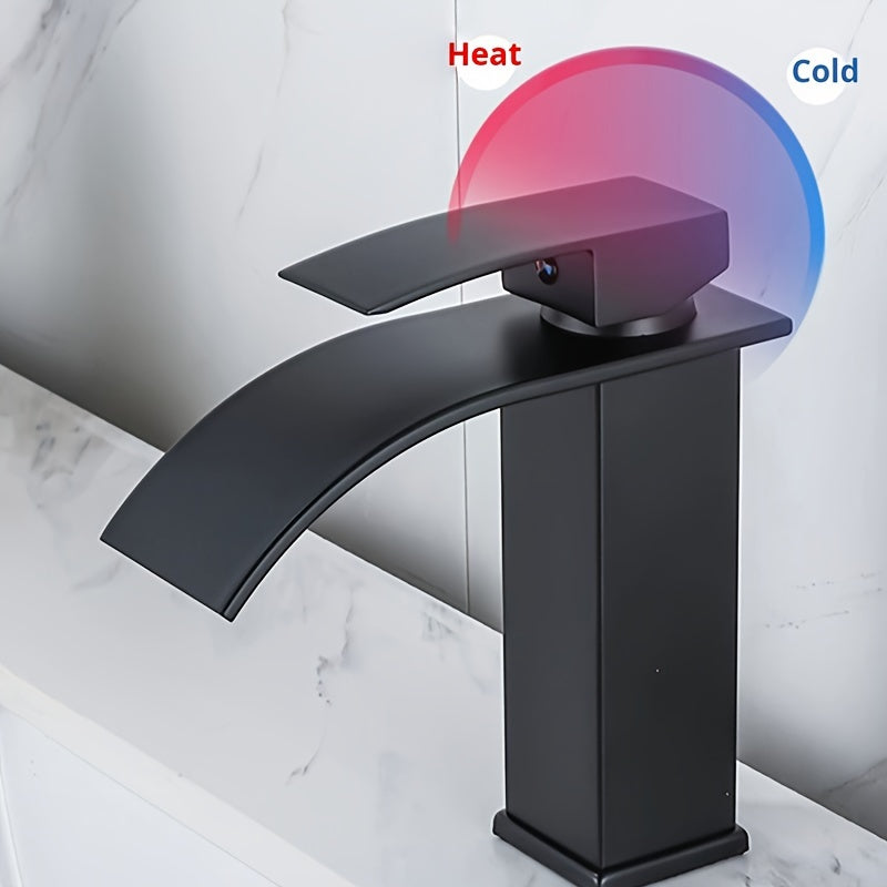 Black Brass Bathroom Sink Faucet Waterfall Spout Single Hole Deck Mount Ceramic Valve