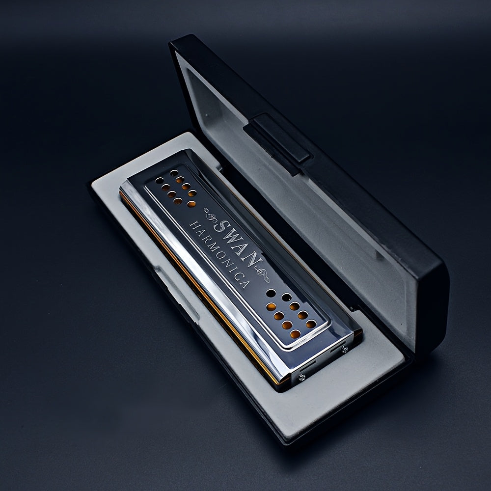 24-Hole Polyphonic Harmonica C and G Key Metal Polished Silver Grey with Box and Cleaning Cloth