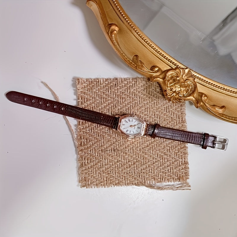 Vintage Oval Wrist Watch with Petite Artistic Dial and Brown Leather Strap