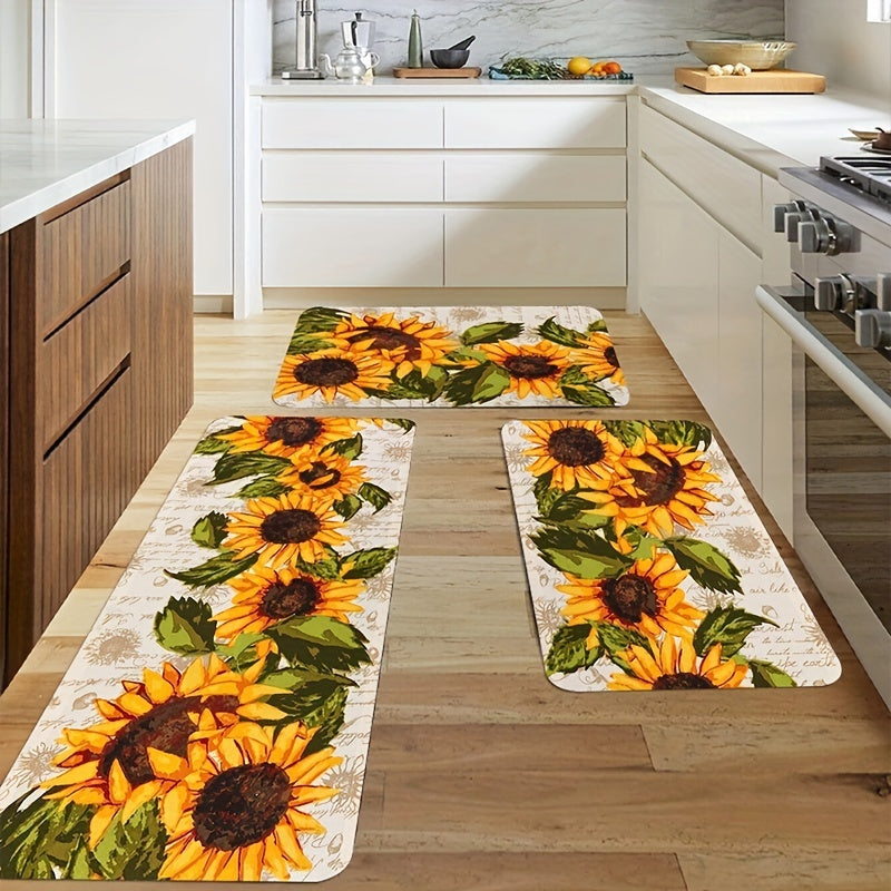 Sunflower Print Kitchen Floor Rug Water-Resistant Machine Washable Entrance Doormat