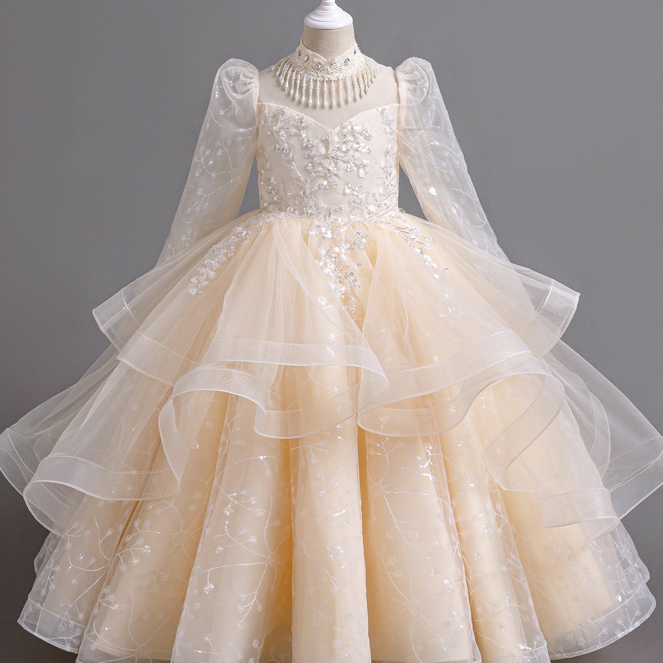 Girls Long Sleeve Evening Gown with Pearl Detail for Girls' Formal Events Polyester Dress