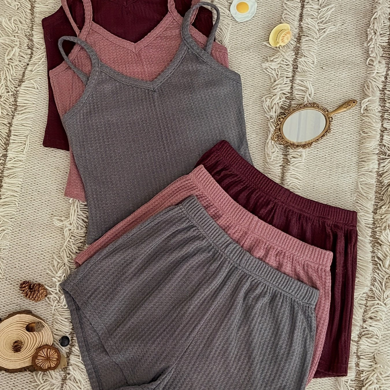 Women's Waffle Knit Pajama Set with V-Neck Top and Shorts Plus Size Lounge 6 Piece