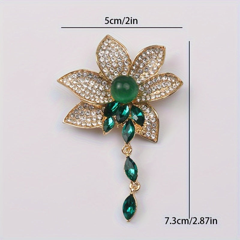 Ayollar uchun vintage yashil jade kristalli brosh pin, rhinestones va tassel dizayni bilan