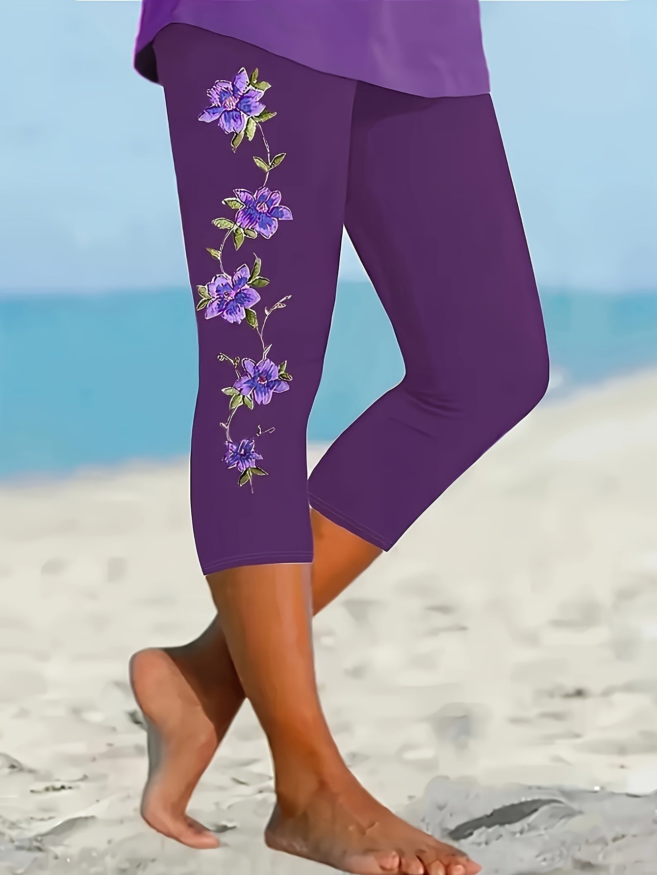 Plus Size Womens Floral Print Capri Leggings 2 Pack Stretchy Comfortable Purple Mid-Calf