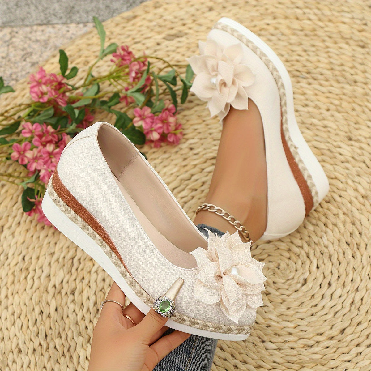 Women's Floral Embellished Pointed Toe Wedge Shoes with Cushioned Sole