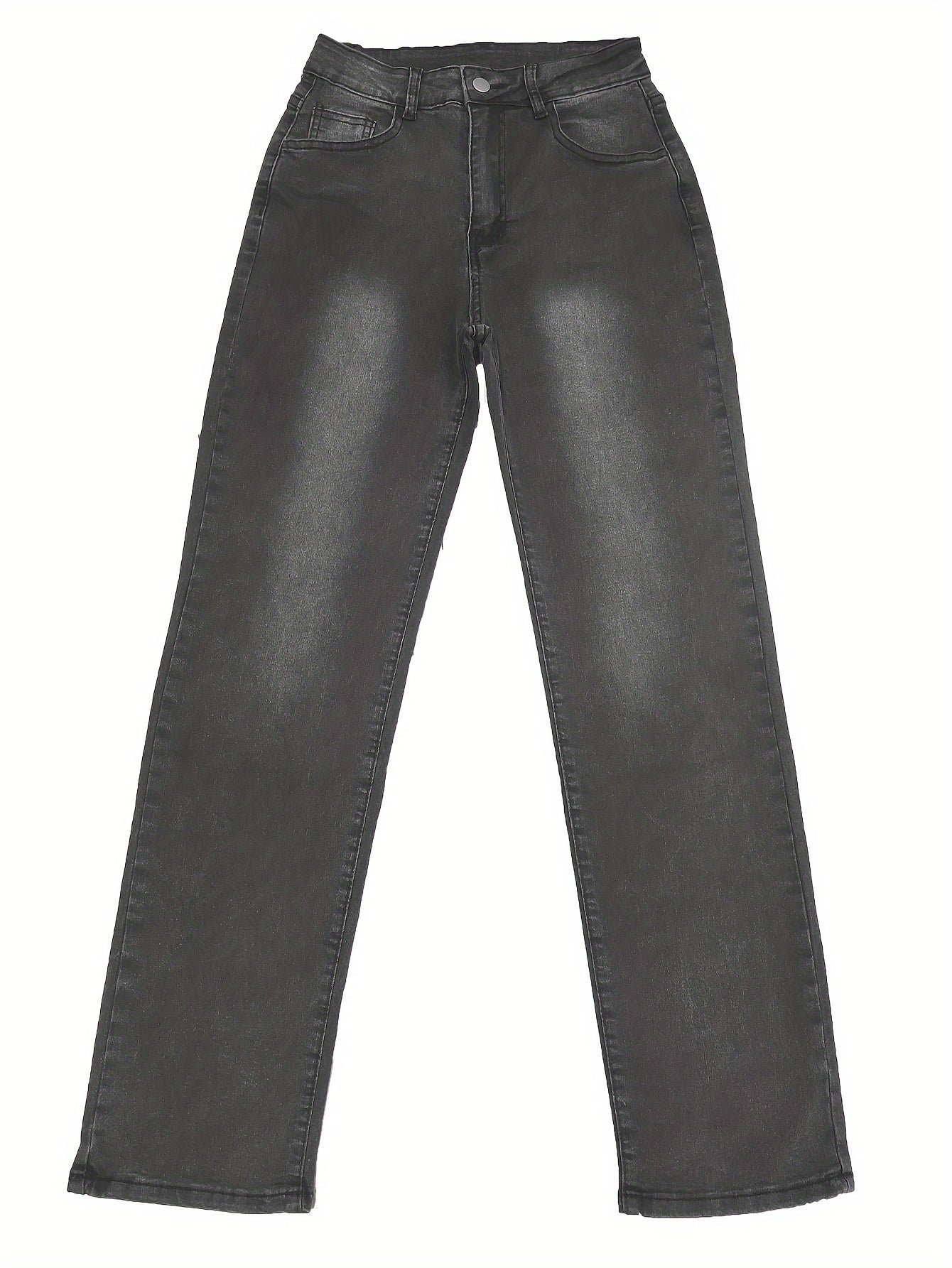 Jeans rectos de mezclilla casual de tiro alto y lavado claro para mujer con bolsillos con abertura