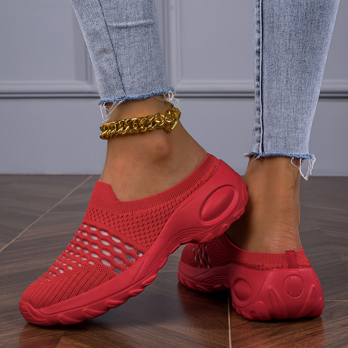 Ayollar uchun nafas oluvchi tikuvli oson kiyinadigan sport poyabzali, yengil, yopishmaydigan EVA, qizil va oq