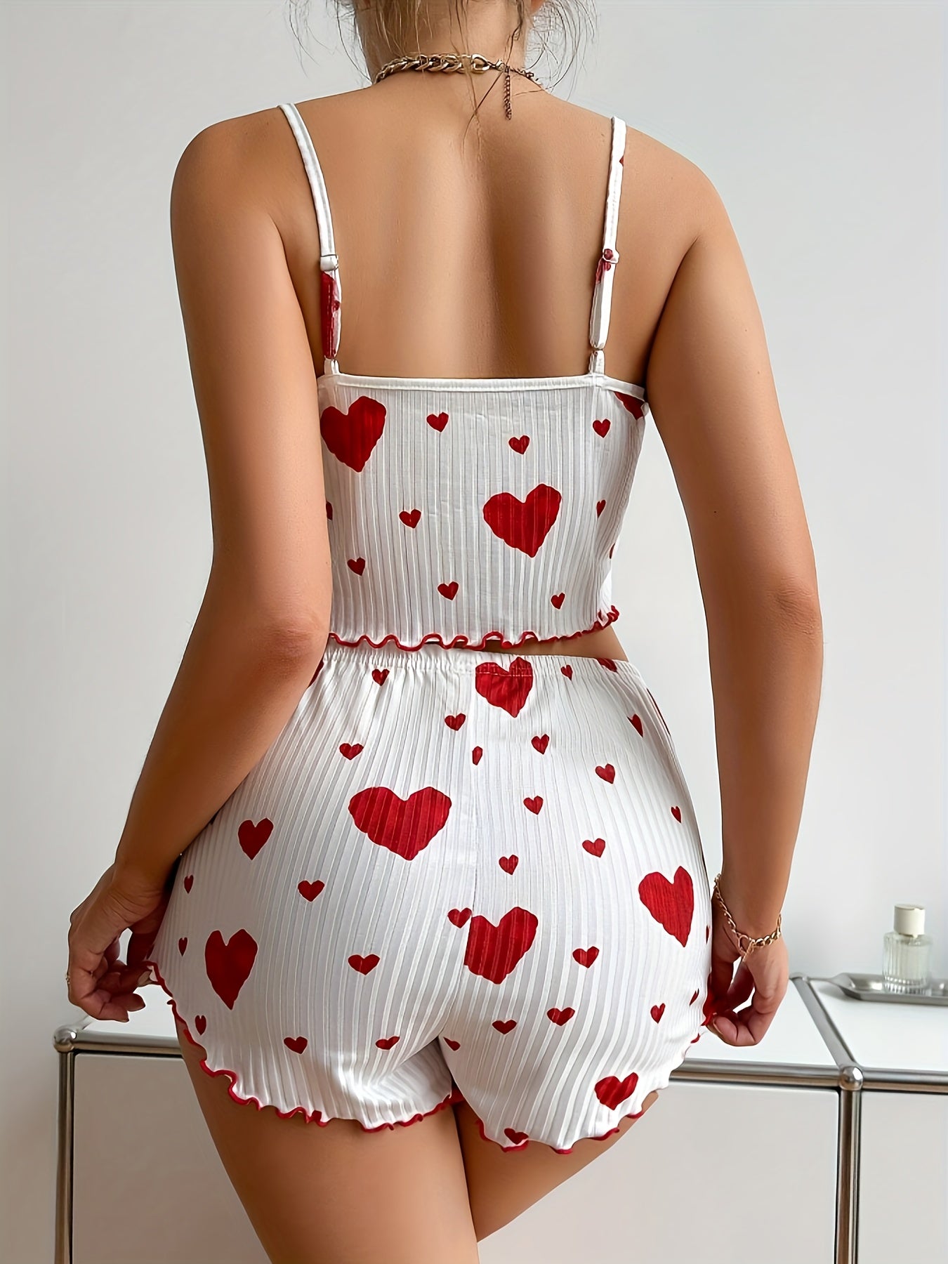 Women's Heart Print Ribbed Pajama Set with Crop Top and Shorts for Summer Nightwear