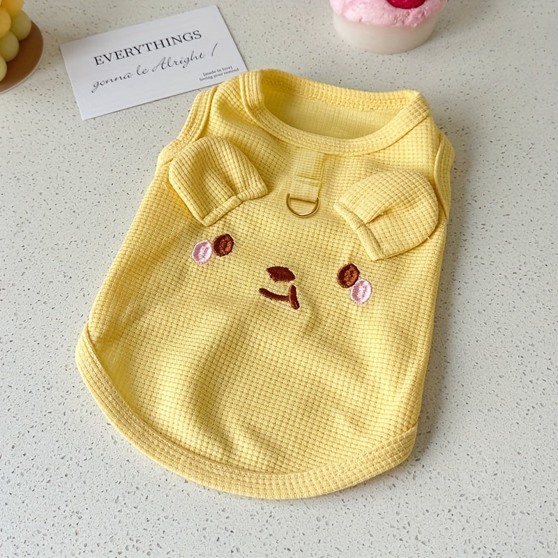 Pet Vest for Small Dogs Breathable Waffle Knit Spring Summer Animal Face Leash Ring Pullover