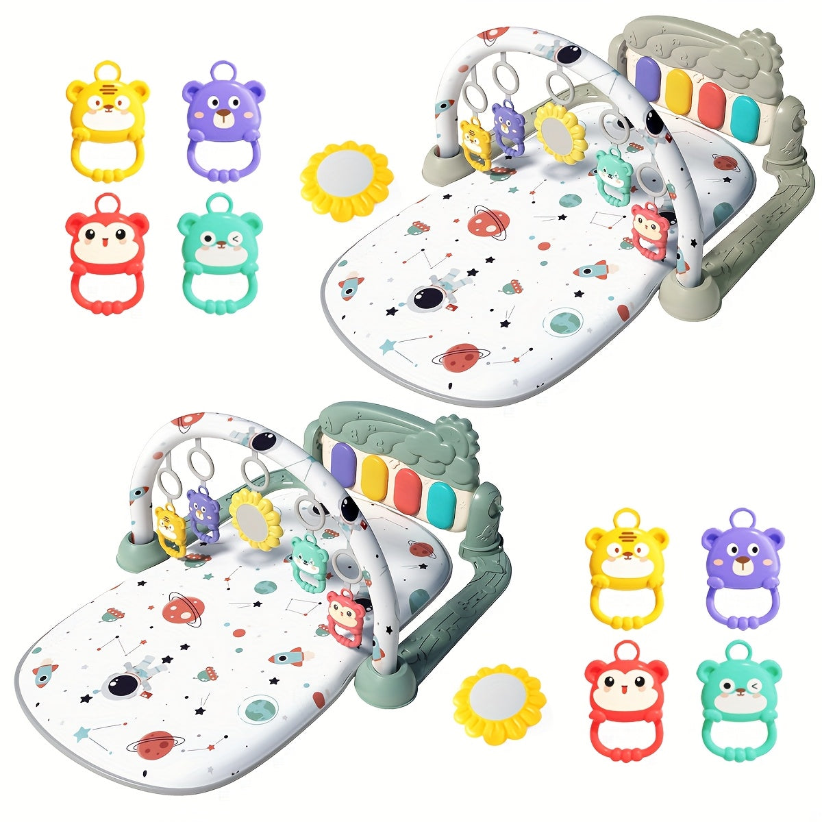 Kids Astronaut Play Mat with Animal Accessories Gray Green Soft Padded Polyester Nursery Decor