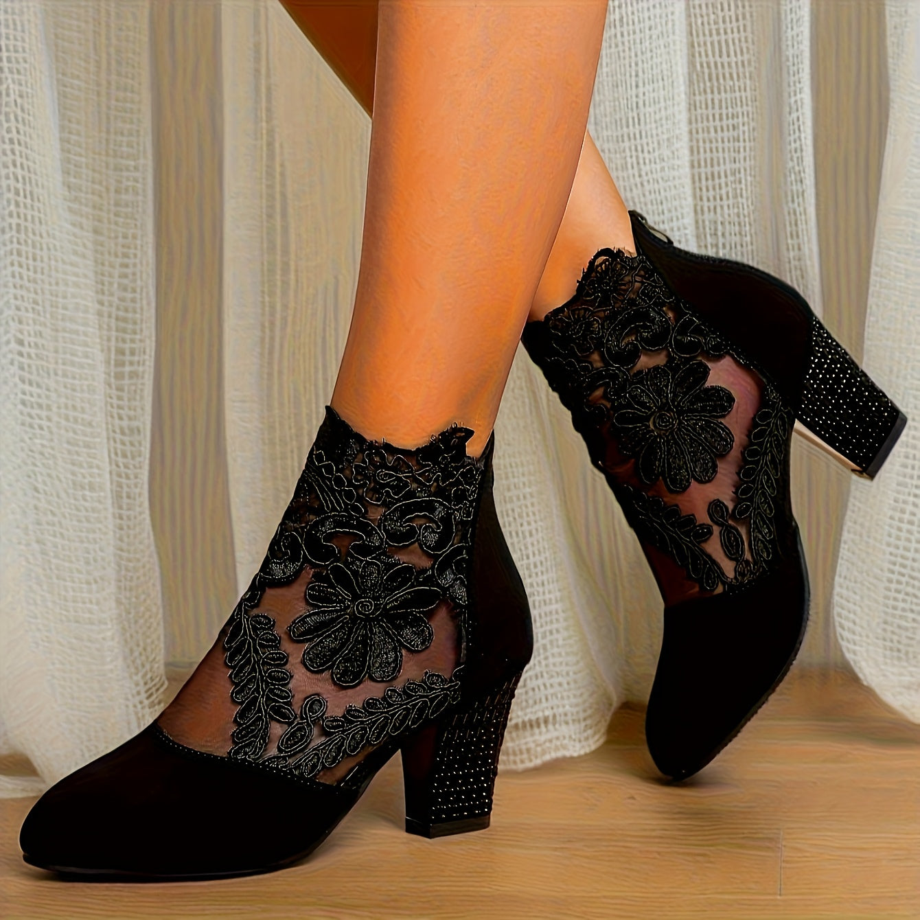 Women Floral Print Lace Ankle Boots Breathable Mesh Block Heel Versatile