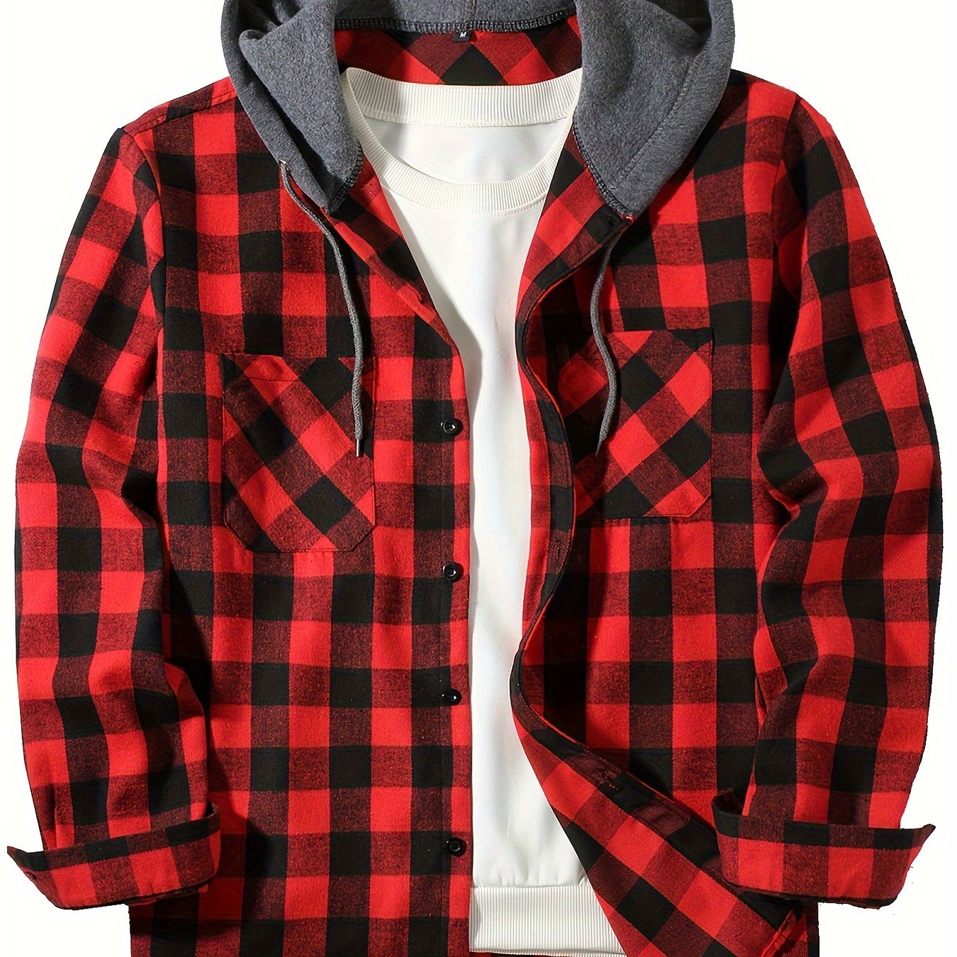 Men's Plus Size Plaid Hooded Shirt Long Sleeve Casual Loose Fit Spring Fall