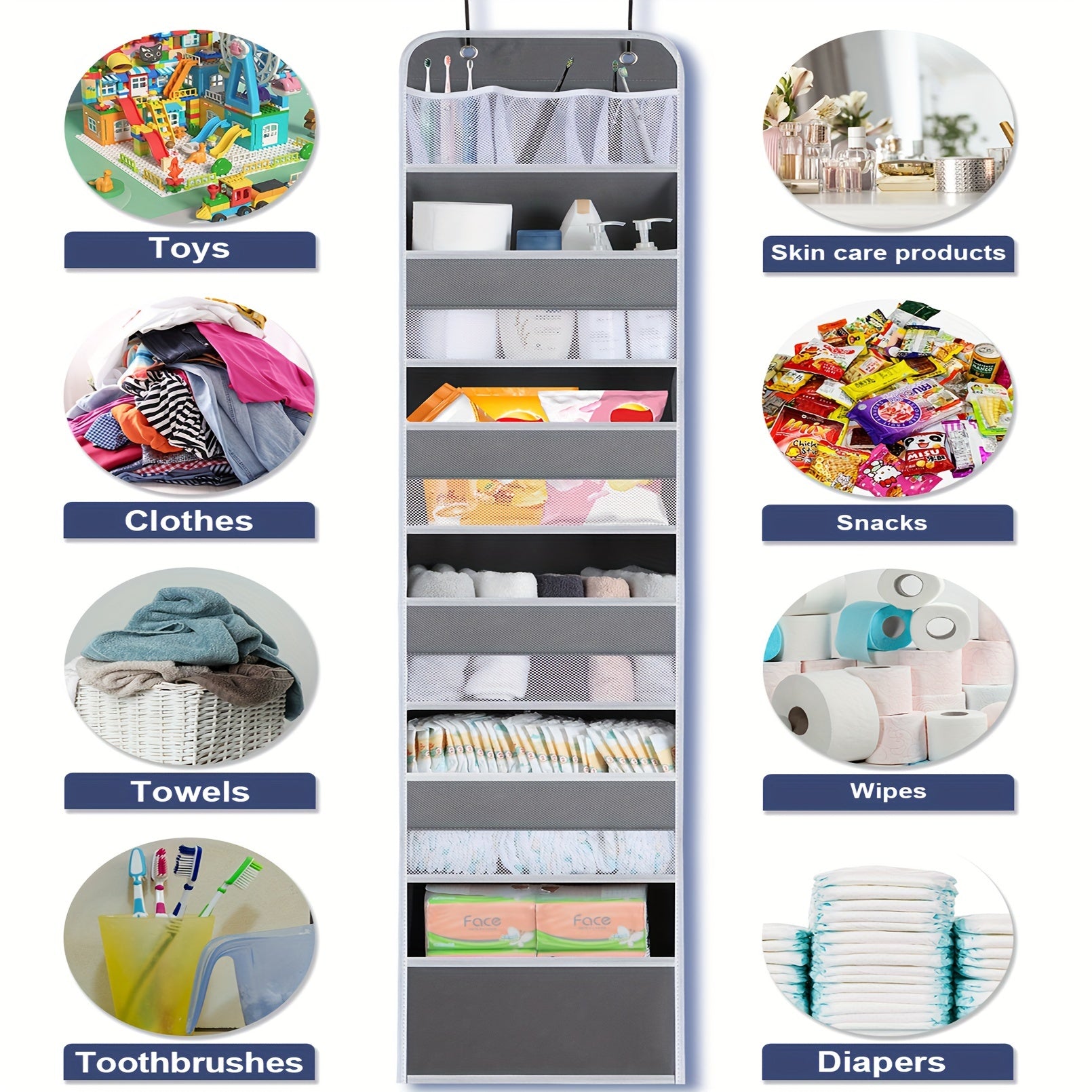 Over-the-Door Organizer with 6 Shelves and 8 Large Pockets for Pantry Bathroom Bedroom Kitchen Dorm