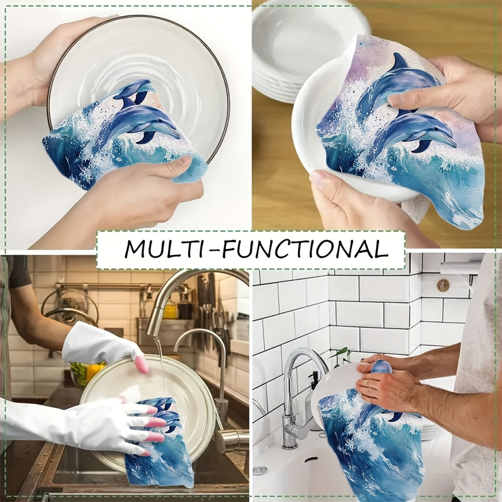 Two Pieces Kitchen Towels Dolphin Watercolor Design Absorbent Machine Washable