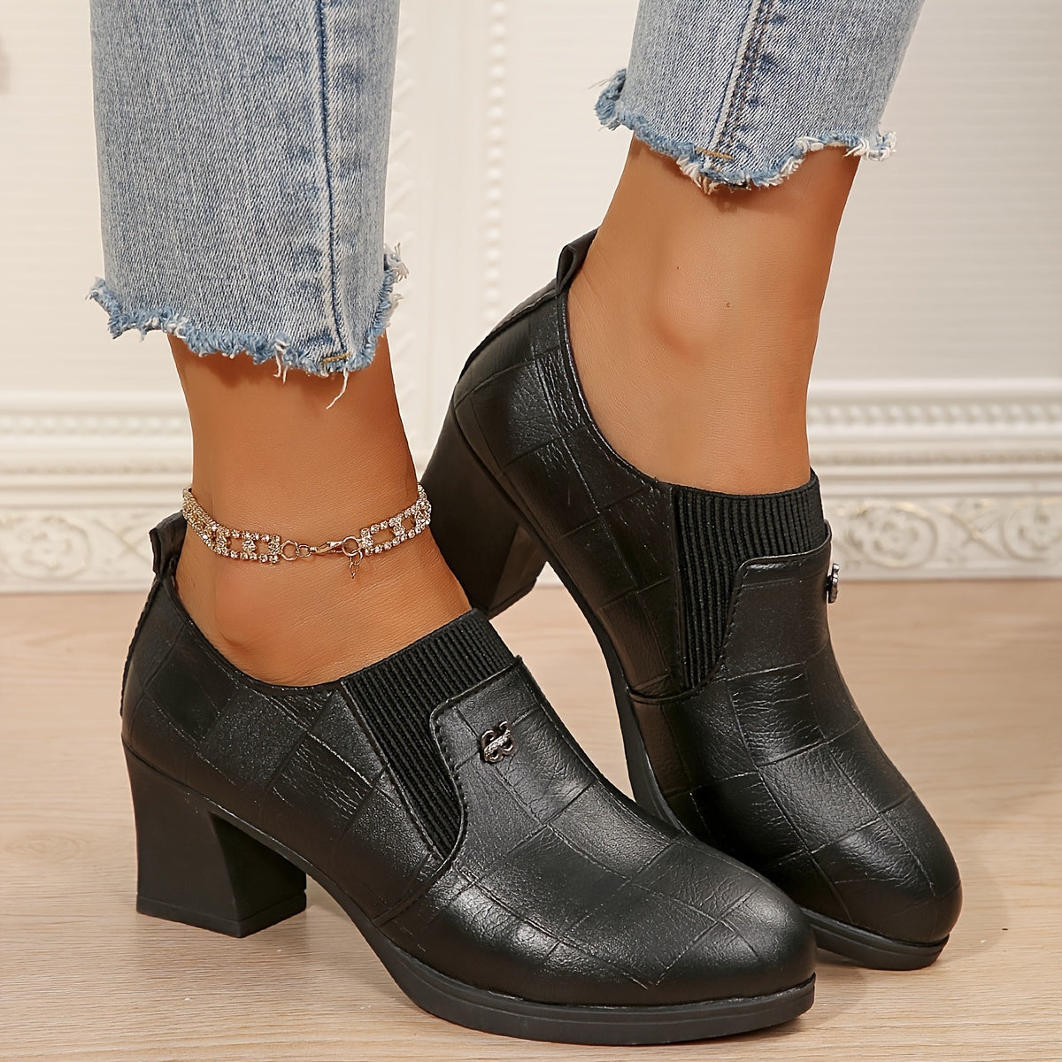 Women’s Faux Leather Pointed Toe Chunky Heel Pumps Black All-Season Dress Boots