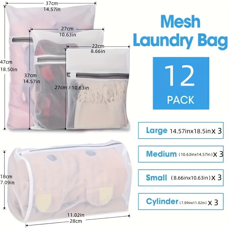Set of 12 Mesh Laundry Bags in 4 Sizes for Washing and Travel